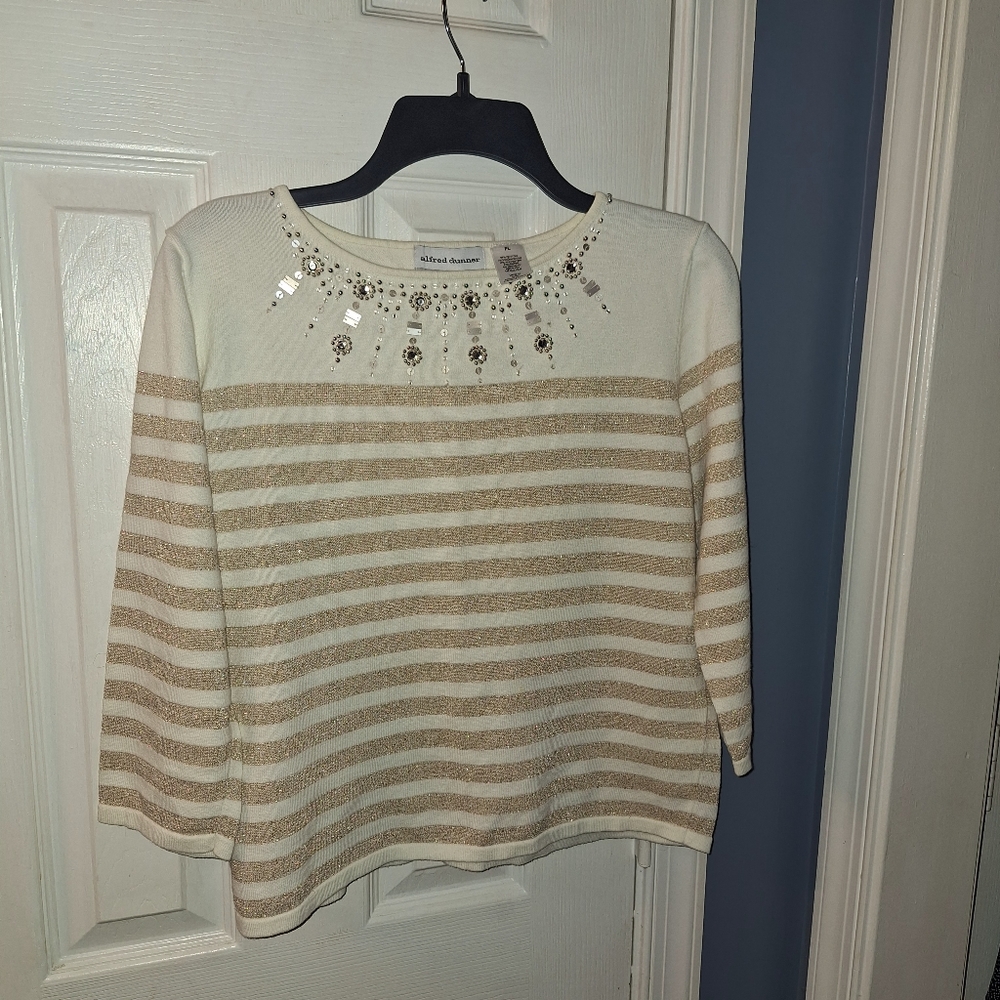 Alfred Dunner White and Gold Striped Sequin Top**